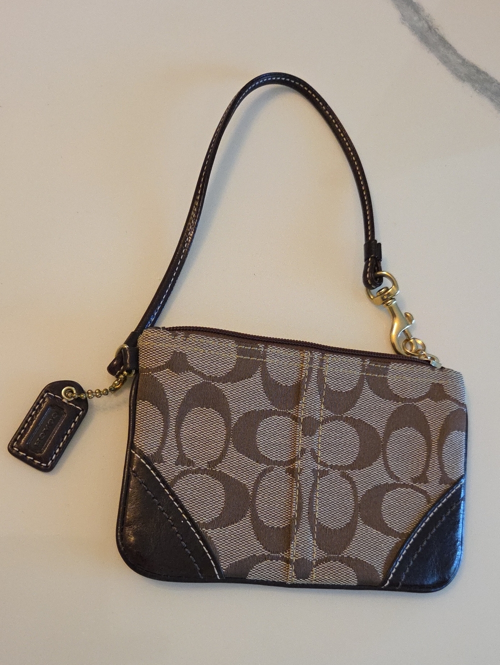 Coach Tan and Brown Signature Canvas Wristlet